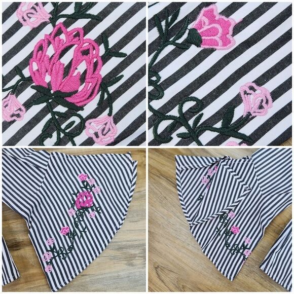 🔺️BCX Striped Off Shoulder Embroidered Floral Bell Sleeve Top Small - Picture 11 of 12